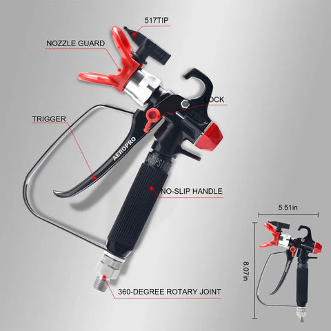 Pro Grade Airless Paint Sprayer Gun Kit Packed With Five Interchangeable Tips 311 To 619, detail of trigger and nozzle guard.