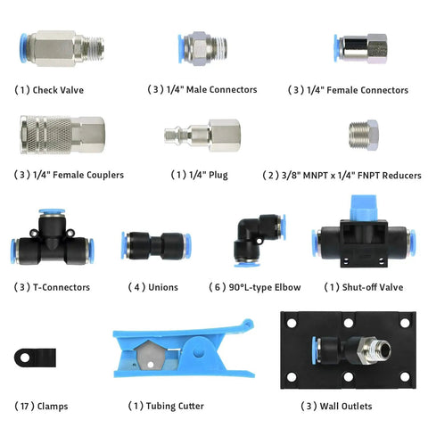 Air Line Kit For Garage Three Eighths Inch By 60 Feet Nylon Tubing With 200 PSI Rating Includes Cutter Tees Mounting Clips Connectors 49 Piece Pro Grade Master Set All In One Air Compressor Accessories For Longer Runs And Easy Installations