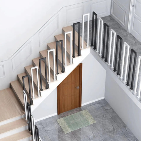 Rock Solid Two Foot White U Shaped Safety Guardrail With Decorative Cover And Non Slip Grip For Indoor Or Outdoor Steps Built Tough Galvanized Steel That Handles Rough Weather Without Skipping A Beat in a staircase setting.