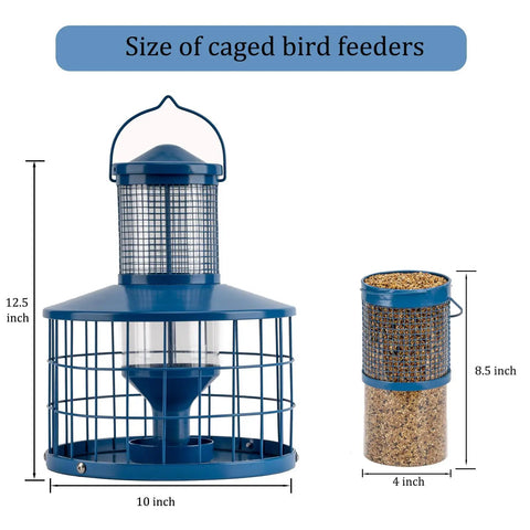 Metal Squirrel-Proof Bird Feeder With 2.8 Lb Seed Capacity, Cage Tube Seed Feeder With Tray, blue 10x12.5 inch design
