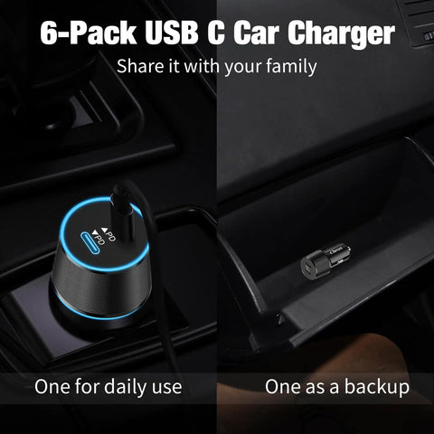 Kickass 6 Pack Usb C Car Charger Featuring Dual 20W Fast Charging Ports For Rapid Juice Transfer And Zero Hassle Setup Cigarette Lighter Adapter For Modern Vehicles, charging adapter in vehicle console.