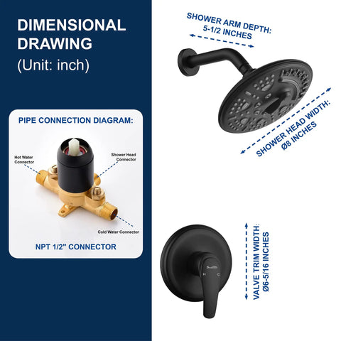 Diagram of Matte Black Shower System With Anti Scald Valve And 6 Spray Head, Full Shower Faucet Set With Handle, cUPC Certified.