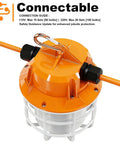Close-up of Industrial Grade 50Ft LED Construction String Lights Linkable IP65 Outdoor Work Lighting bulb with hook and orange casing.
