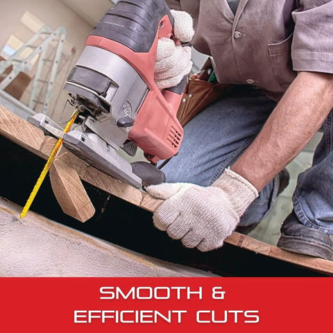 Worker using Bi-Metal Unified Shank Jig Saw Blade Kit For Metal Cutting, 2 Inch Length, 24 TPI Wavy Type, 5 Pack on wood.