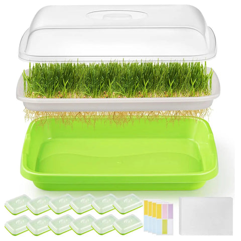 12 Pack Green Seed Sprouter Trays With Lid For Soil Free Germination Indoors Outdoors No Fuss Fodder Sprouting Nursery Trays With Planting Paper And Labels Complete Easy Seed Start Kit showing layers and contents.