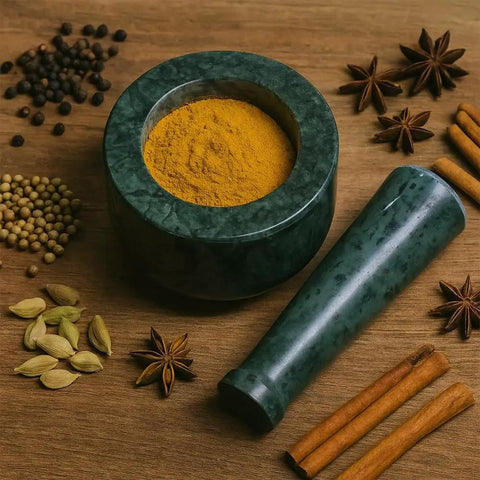 Heavy Granite Mortar And Pestle Set 3 Inch Bowl With One And A Half Cup Capacity For Grinding Spices Herbs And Garlic Make Fresh Guacamole At Home Like A Pro Grind Like A Boss Manual Kitchen Grinder Stone with turmeric and spices around