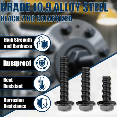 Grade 10.9 black zinc galvanized flange bolts featuring high strength, rustproof, heat resistant, and corrosion resistance.