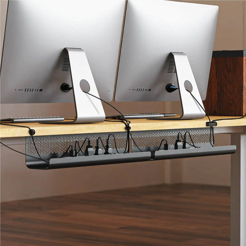 Under Desk Cable Management Tray Kit 26 Piece With Ventilated Hexagonal Design under wooden desk with cords organized