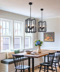 Dope Farmhouse Lantern Chandelier Black Light Fixture Four Light Rustic Industrial Pendant Lighting With Adjustable Height Modern Square Cage Hanging Lights for Hallway Kitchen Island Living Room Bedroom installed over dining table