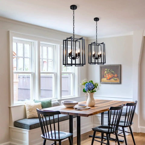 Dope Farmhouse Lantern Chandelier Black Light Fixture Four Light Rustic Industrial Pendant Lighting With Adjustable Height Modern Square Cage Hanging Lights for Hallway Kitchen Island Living Room Bedroom installed over dining table