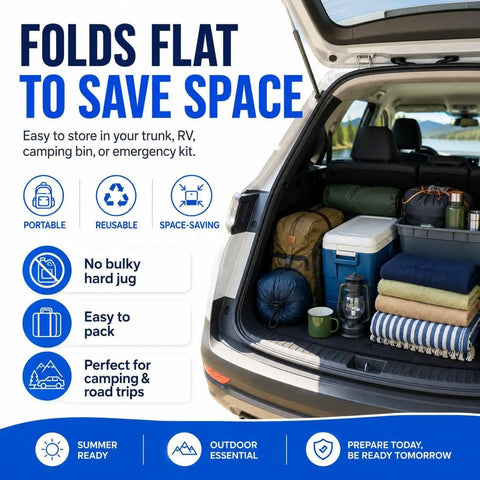 Collapsible Water Container With Spigot Foldable Portable Jug stored in car for camping and road trips, showcasing space-saving ability.