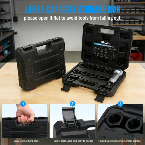 10 Piece Wheel Stud Thread Repair Kit With Case open showing tools and secure clasps on a workbench