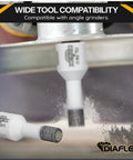 Premium Diamond Hole Saw Core Bit For Porcelain Ceramic Stone And Dekton One Half Inch Vacuum Brazed Wet Or Dry Use Angle Grinder Compatible Five Eighth Inch Eleven Thread Fast Clean Cuts Through Hard Tile in use with angle grinder.