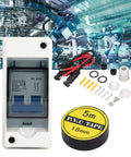 Two Pole 1000V 63 Amp DC Solar Disconnect Switch With DIN Rail Mount Outdoor IP65 Waterproof Box Isolator For PV System Rugged High Current 63A DC Breaker For Tough Outdoor Installations with accessories and PVC tape