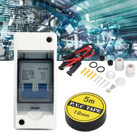 Two Pole 1000V 63 Amp DC Solar Disconnect Switch With DIN Rail Mount Outdoor IP65 Waterproof Box Isolator For PV System Rugged High Current 63A DC Breaker For Tough Outdoor Installations with accessories and PVC tape
