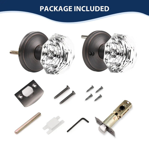 5 Pack Glass Door Knobs For Hallway And Closet Dope Crystal Round Diamond Shape Passage Knobs Non-Locking Interior Door Handles With Round Rosette Oil Rubbed Bronze Finish, including assembly hardware