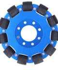 5 inch omnidirectional wheel for robots with aluminum hub and silicone rollers, designed for precise movement in robotics applications.