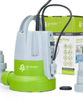 One Third HP Submersible Sump Pump With Flow Sensor Switch For Flooded Basements And Outdoor Spots next to packaging box