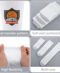 Fifteen Pairs White Sublimation Socks Blanks Made From Polyester For Easy Heat Transfer Crafting Includes Two Metal Sock Jig Inserts In Three Sizes With Gray Sole For DIY Custom Socks with heat transfer pattern and high flexibility visible.