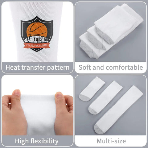 Fifteen Pairs White Sublimation Socks Blanks Made From Polyester For Easy Heat Transfer Crafting Includes Two Metal Sock Jig Inserts In Three Sizes With Gray Sole For DIY Custom Socks with heat transfer pattern and high flexibility visible.