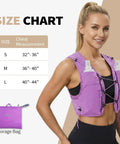 Lightweight Running Vest With Dual 17 Ounce Soft Flasks, Packable Hydration System For Jogging, Marathon, Cycling And Hiking, Unisex No Sweat Purple Medium Vest For All Weather Use displayed on female model with size chart