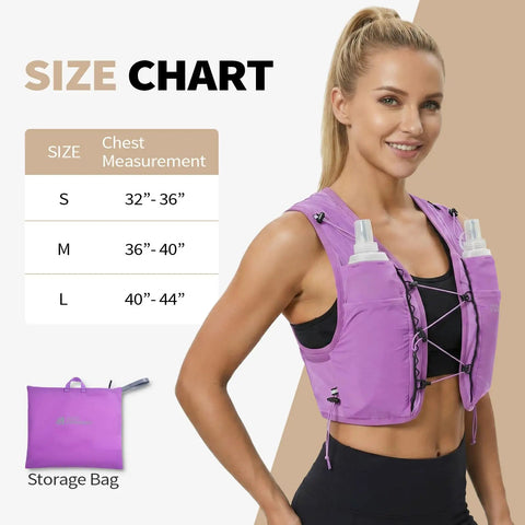 Lightweight Running Vest With Dual 17 Ounce Soft Flasks, Packable Hydration System For Jogging, Marathon, Cycling And Hiking, Unisex No Sweat Purple Medium Vest For All Weather Use displayed on female model with size chart