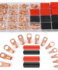 All In One Copper Wire Lugs Kit With 260 Copper Lugs For AWG 2 4 6 8 10 12 Gauge Battery Cable Ends displayed with heat shrink tubing
