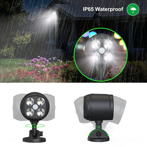 Motion Sensor Outdoor Lights Battery Powered 600LM Security Spotlight For Outside, 6000K Ultra Bright LED Wall Light With 4x3W LEDs, Great For Stairs Garage And Backyard, Black 2 Pack showing front and side view with IP65 label.