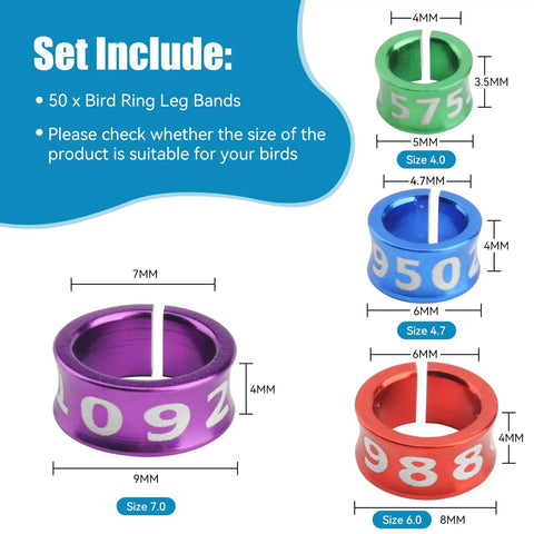 Split Aluminum Bird Leg Rings For Pigeons Parrots Doves And More, Open 1mm Foot Rings For Easy Training And ID, 50 Mixed Colors Pack