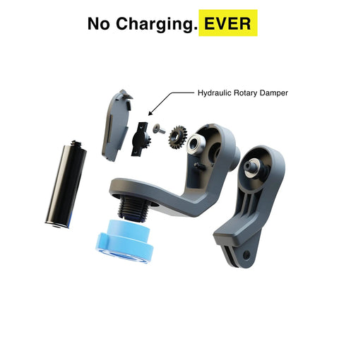 Exploded view of Hydraulic Leveling Mount For Action Cameras with highlighted rotary damper, no batteries or charging needed.