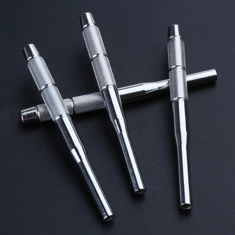 Pro Grade Stainless Steel Hollow End Roll Pin Starter Kit Set, 4 Piece Multi Size Tools, close-up view on black background