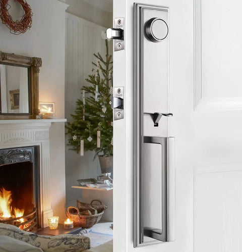 Silver Satin Nickel Front Entry Handleset With Keyed Lockset And Dummy Lever For French Doors, Tough As Nails Exterior Lockset