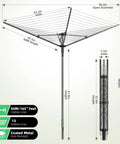Heavy Duty Outdoor Umbrella Drying Rack With 360 Degree Rotating Drying Arms Height Adjustable Clothesline For Large Blankets And Sheets Massive 13 Row Capacity For Backyard Balcony Camping RV Black displayed with dimensions