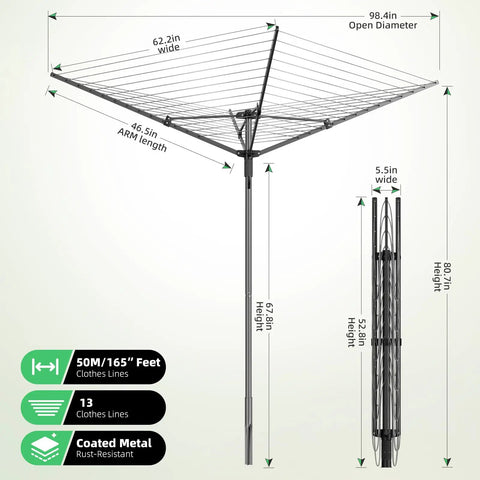 Heavy Duty Outdoor Umbrella Drying Rack With 360 Degree Rotating Drying Arms Height Adjustable Clothesline For Large Blankets And Sheets Massive 13 Row Capacity For Backyard Balcony Camping RV Black displayed with dimensions