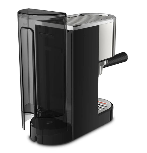 Semi Automatic Espresso Coffee Maker With Built In Steam Wand And High Pressure Pump For Rich Creamy Shots, sleek black design.