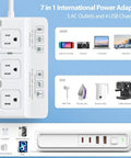 Front view of 2000W Travel Voltage Converter 110V To 220V With 3 AC Sockets And 2 USB C And 2 USB A Plugs showing various device compatibility.