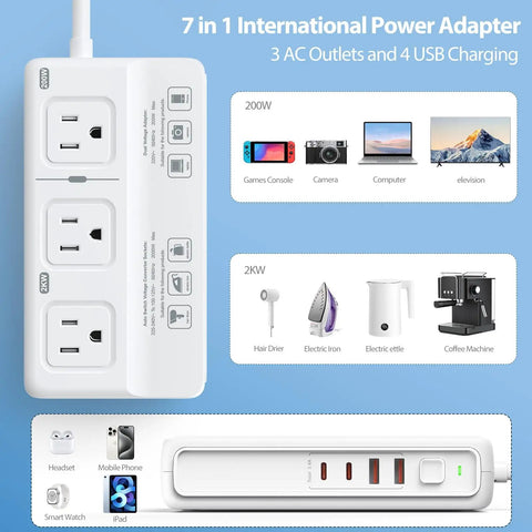 Front view of 2000W Travel Voltage Converter 110V To 220V With 3 AC Sockets And 2 USB C And 2 USB A Plugs showing various device compatibility.