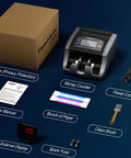 Smart Money Counter Machine For Cash Bills With UV MG IR Counterfeit Detection And LCD Display Counts US Dollar Euro Mexican Peso MXN Totals And Adds Denominations For Fast Accurate Cash Management with accessories including power cord, user manual, and external display.