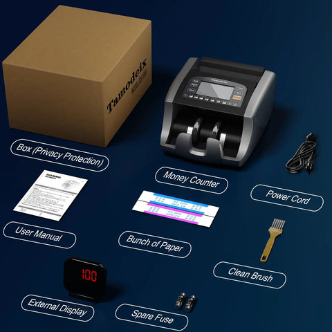 Smart Money Counter Machine For Cash Bills With UV MG IR Counterfeit Detection And LCD Display Counts US Dollar Euro Mexican Peso MXN Totals And Adds Denominations For Fast Accurate Cash Management with accessories including power cord, user manual, and external display.