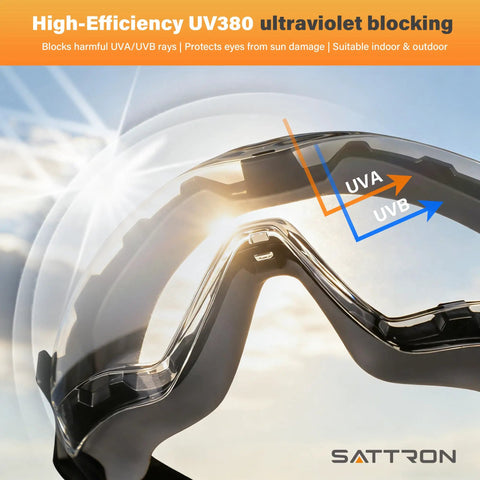 Over Glasses Safety Goggles With Panoramic Lens Anti Fog And Scratch Resistant ANSI Z87.1 Eye Protection For Chemistry Lab And Woodworking UV Protective Dust Goggles With Adjustable Strap showing UV protection feature.