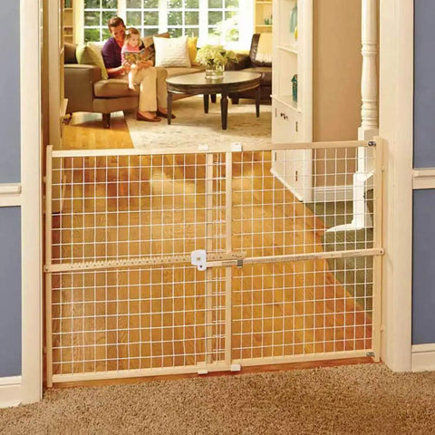 Extra Wide Wooden Baby Gate With Wire Mesh For Doorways Pressure Mounted Adjustable From About 29 To 50 Inches Wide And 31 Inches Tall
