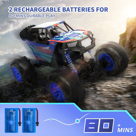 Large 1:8 Scale Monster Truck RC Car for Adults and Teens climbing rocky terrain, dual batteries, classic blue color