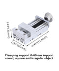 Clamping support for 0-60mm, designed for round, square, and irregular objects with dimensions of 4.49x1.97x1.22 inches.