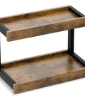 Two Tier Countertop Spice Rack Organizer In Rustic Brown Wood Finish with steel frame, ideal for kitchen or desk storage.