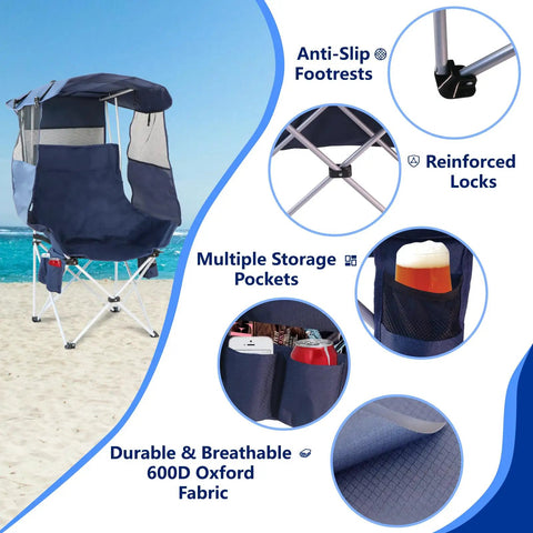 Portable Canopy Folding Camping Chair With 360 Degree Sun Shade And Back Flap for all day outdoor use on beach displaying features