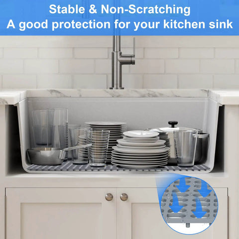 Silicone Kitchen Sink Mat Protector For Bottom Of Sink 28.1 By 14.3 Inches Non Slip Grey Drain Friendly Design Fits Stainless Steel And Porcelain Sinks For Kitchen Use