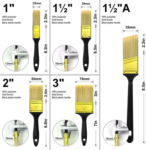 Diagram of Do It All 30 Piece Paint Brush Set, 1 to 3 inch sizes, flat and angled brushes for home and furniture, black handles shown.