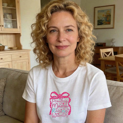 Woman wearing white T-shirt with floral bow and text design, Mama Iron On Transfers For Christian Moms Floral Bow Pack, at home