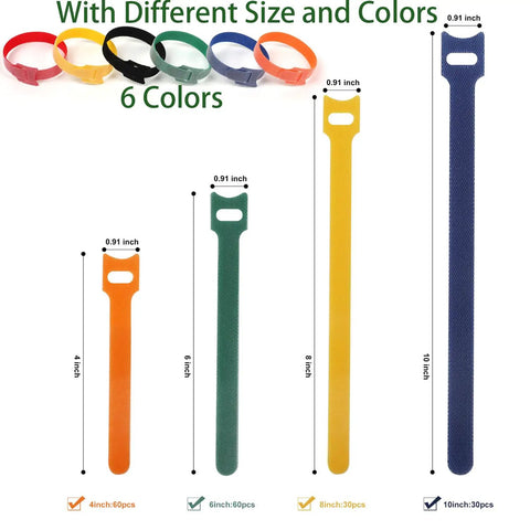 180 Piece Cable Ties Kit With 4 6 8 10 Inch Reusable Nylon Ties In Crazy Colorful Hues For Easy Cable Management And Wire Organization Multicolor Durable Flexible Tie Downs For Home Office And Tech Projects displaying tie sizes and colors
