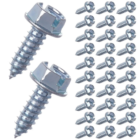 Straight Up Premium Chrome License Plate Screws For Your Sweet Ride Rustproof Anti Rattle Bolt Kit 100 Piece Set close-up of hex head bolts.